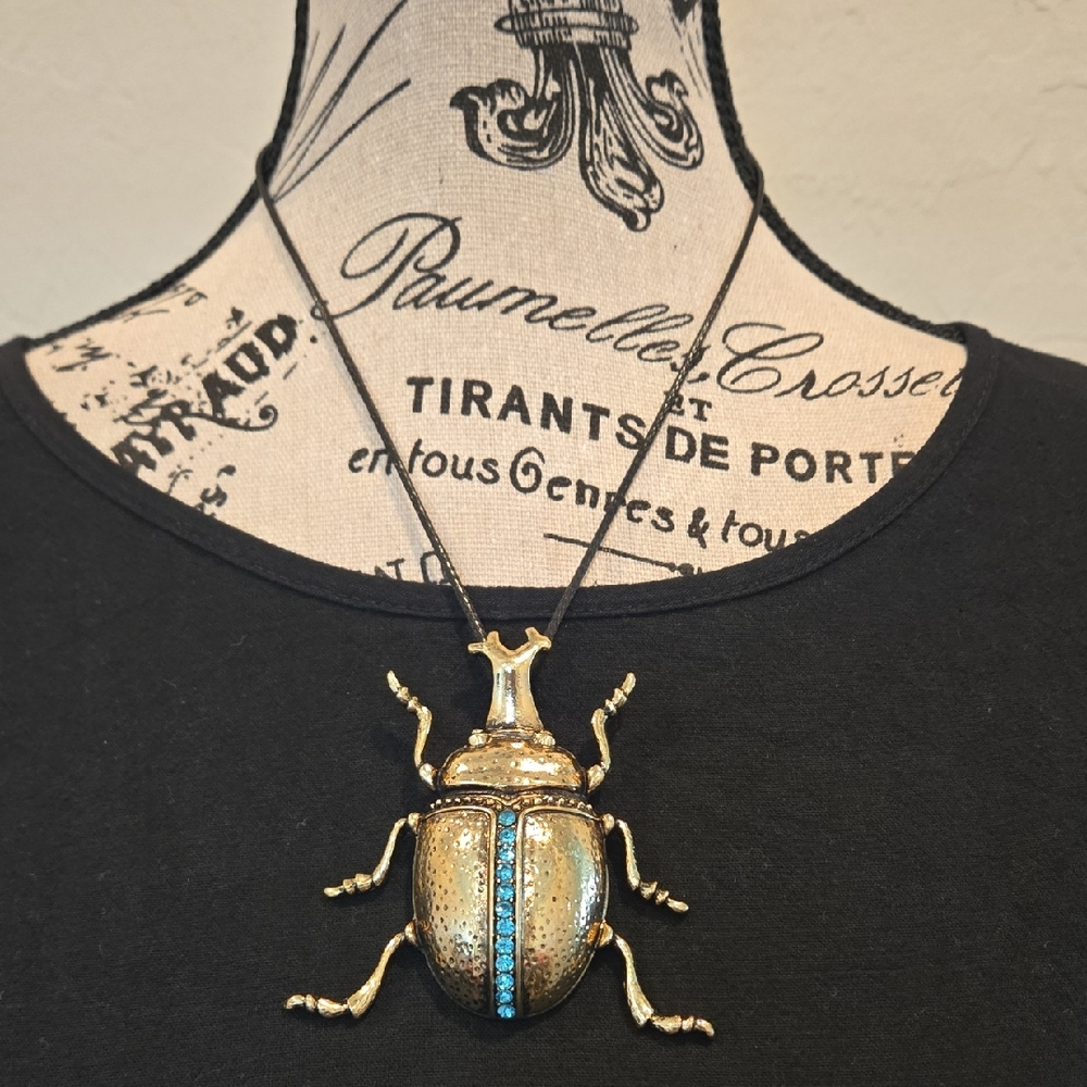 Gold Beetle Pendant Necklace with Blue Accents - Home Accents